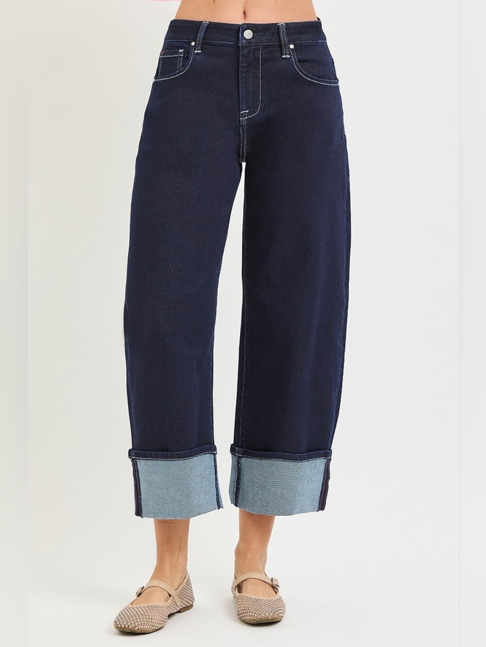 RISEN Deep Dark Wash Cuffed Barrel Jeans Cropped Stretch Classic Various NEW - Picture 6 of 15